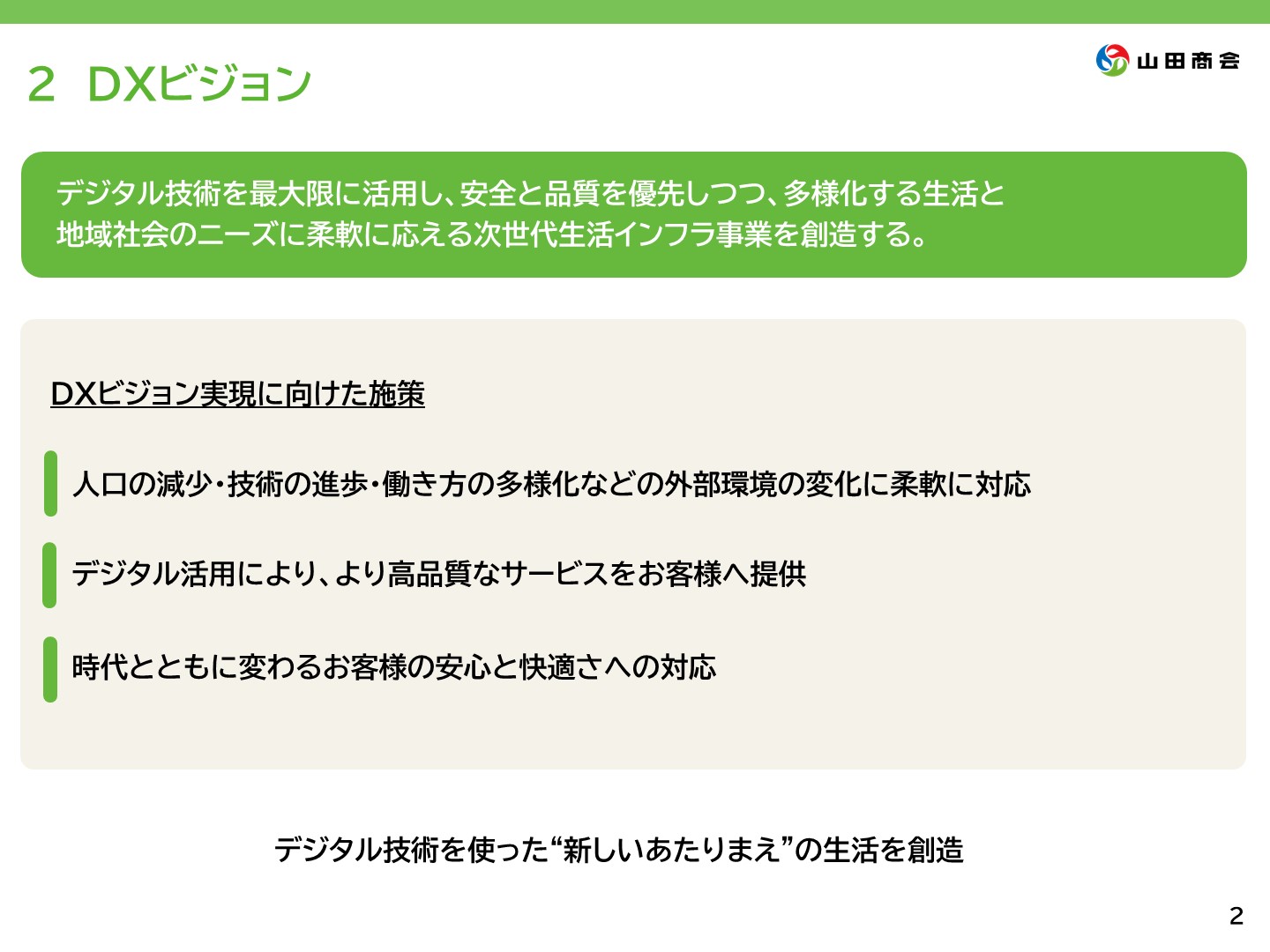 2.[DXビジョン] 目標は「デジタル技術を最大限に活用し、安全と品質を最優先しつつ、多様化する生活と地域社会のニーズに柔軟に応える次世代生活インフラ事業を創造する」こと。そのDXビジョン実現に向け、次の施策を行う。一、人口の減少・技術の進歩・働き方の多様性などの外部環境の変化に柔軟に対応する。一、デジタル活用により、より高品質なサービスをお客様へ提供する。一、時代と主に変わるお客様の安心と快適さへの対応を行う。この3つを駆使し、デジタル技術を使った”新しいあたりまえ”の生活を創造する。